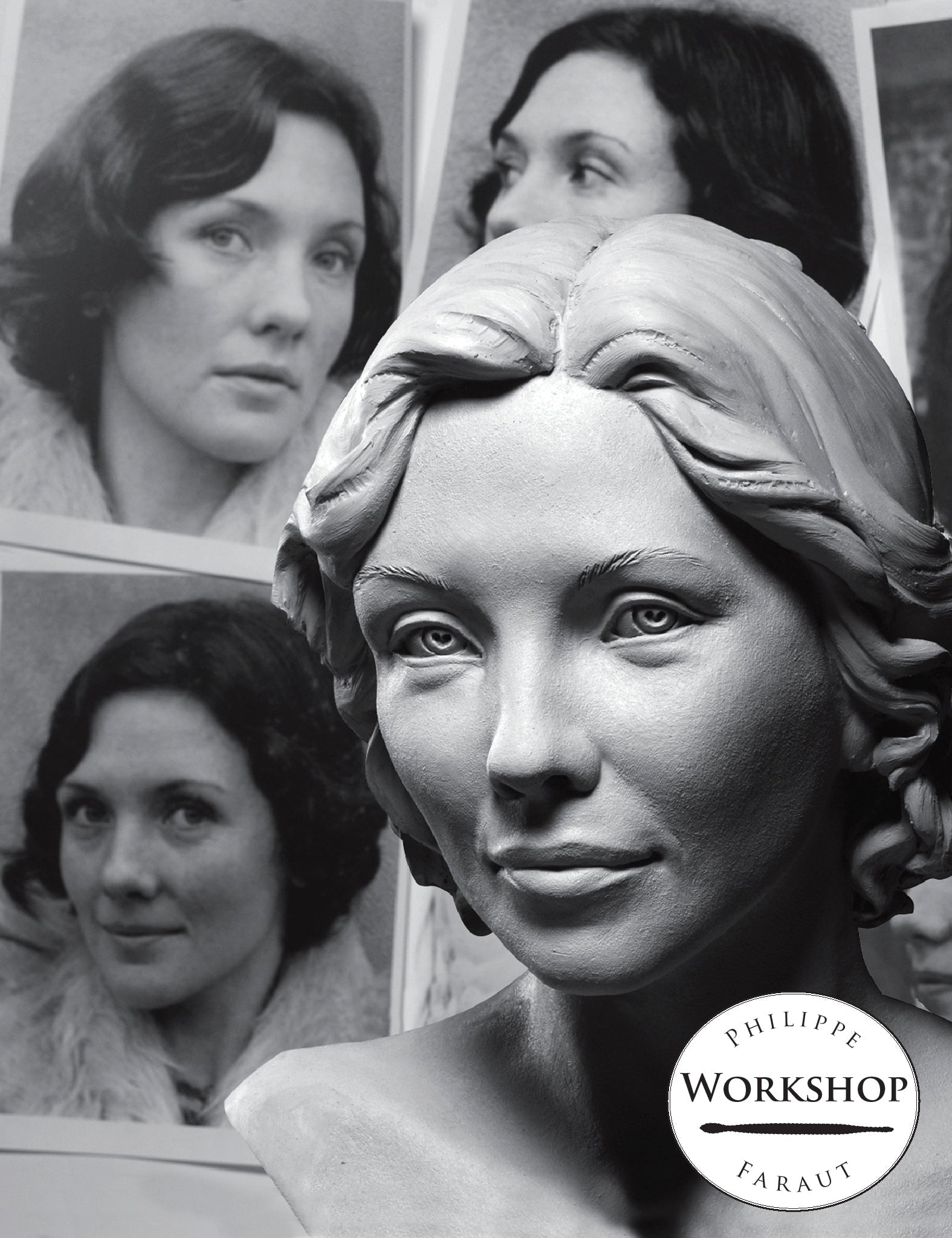 female portrait bust in clay by Philippe Faraut for sculpting portraits from photos workshop