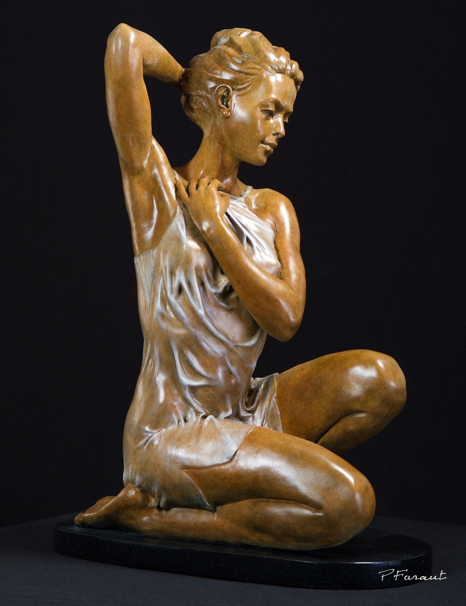 Beautiful bronze figure sculpture of young woman in sheer fabric limited edition bronze by Faraut