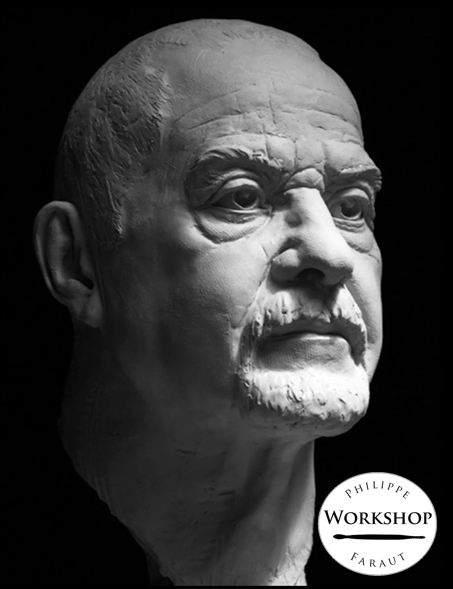 male portrait bust in clay by Philippe Faraut for sculpting workshop in France