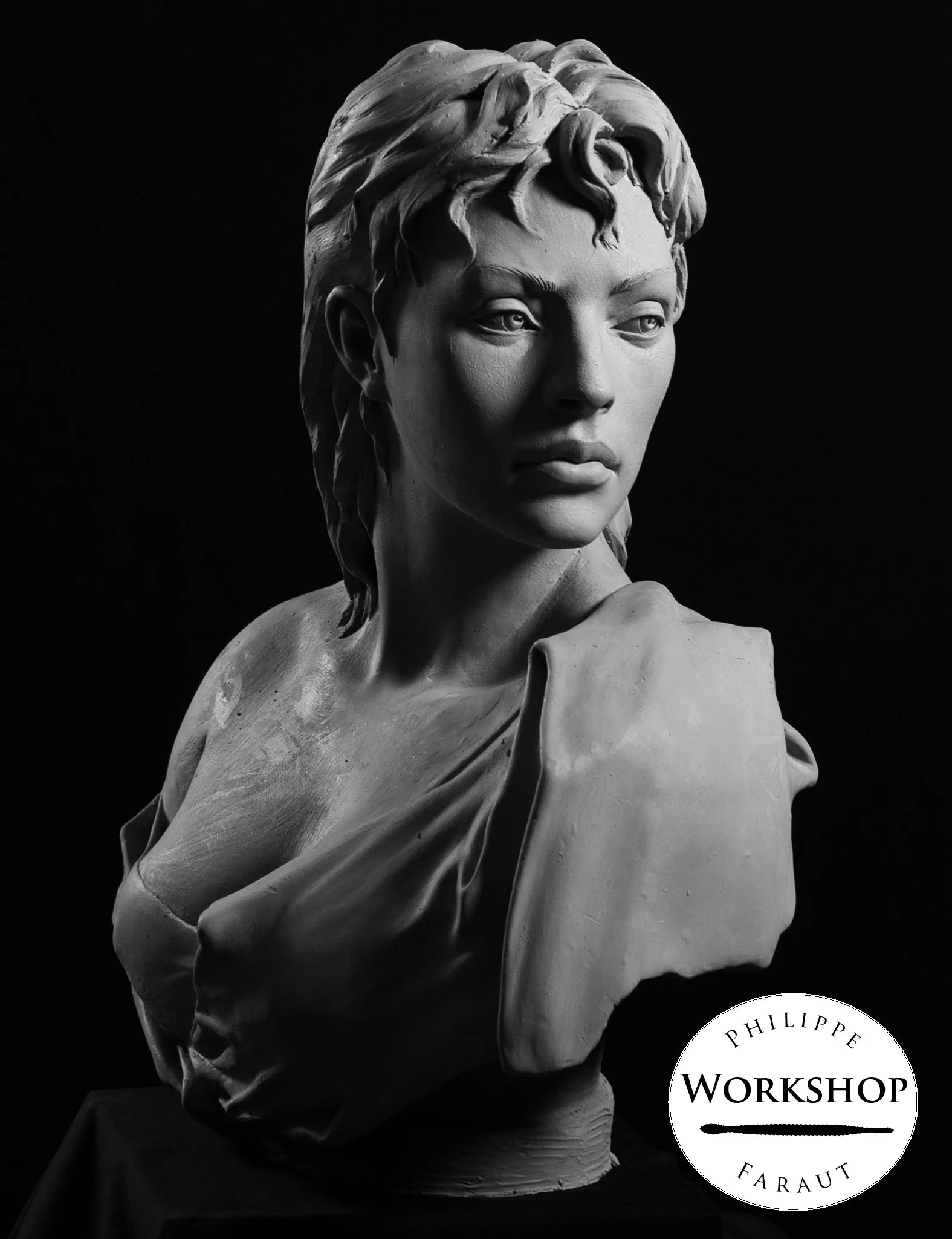 female portrait bust in clay by Philippe Faraut for sculpting workshop in New York
