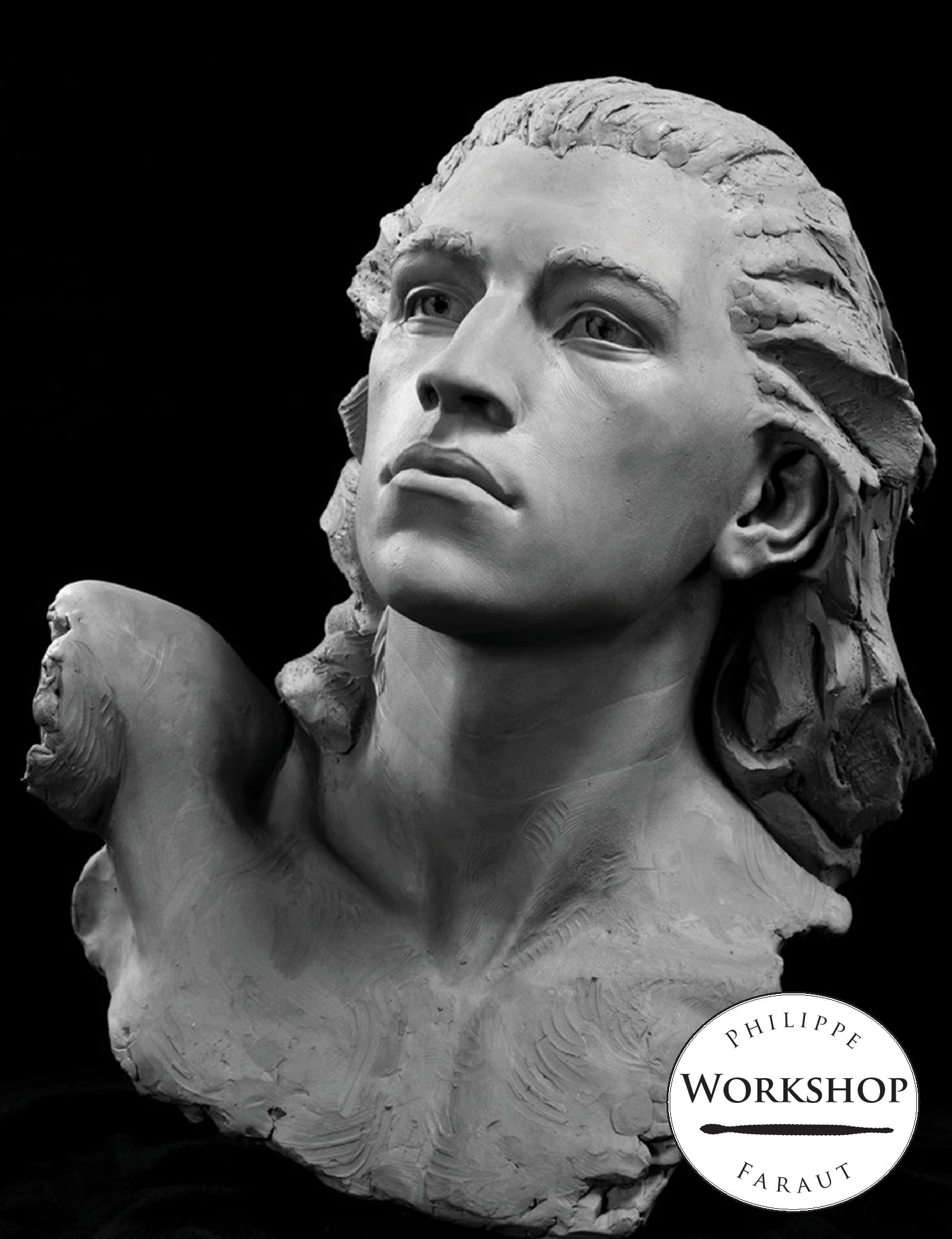 male portrait bust in clay Sam by Philippe Faraut for CA sculpting workshop