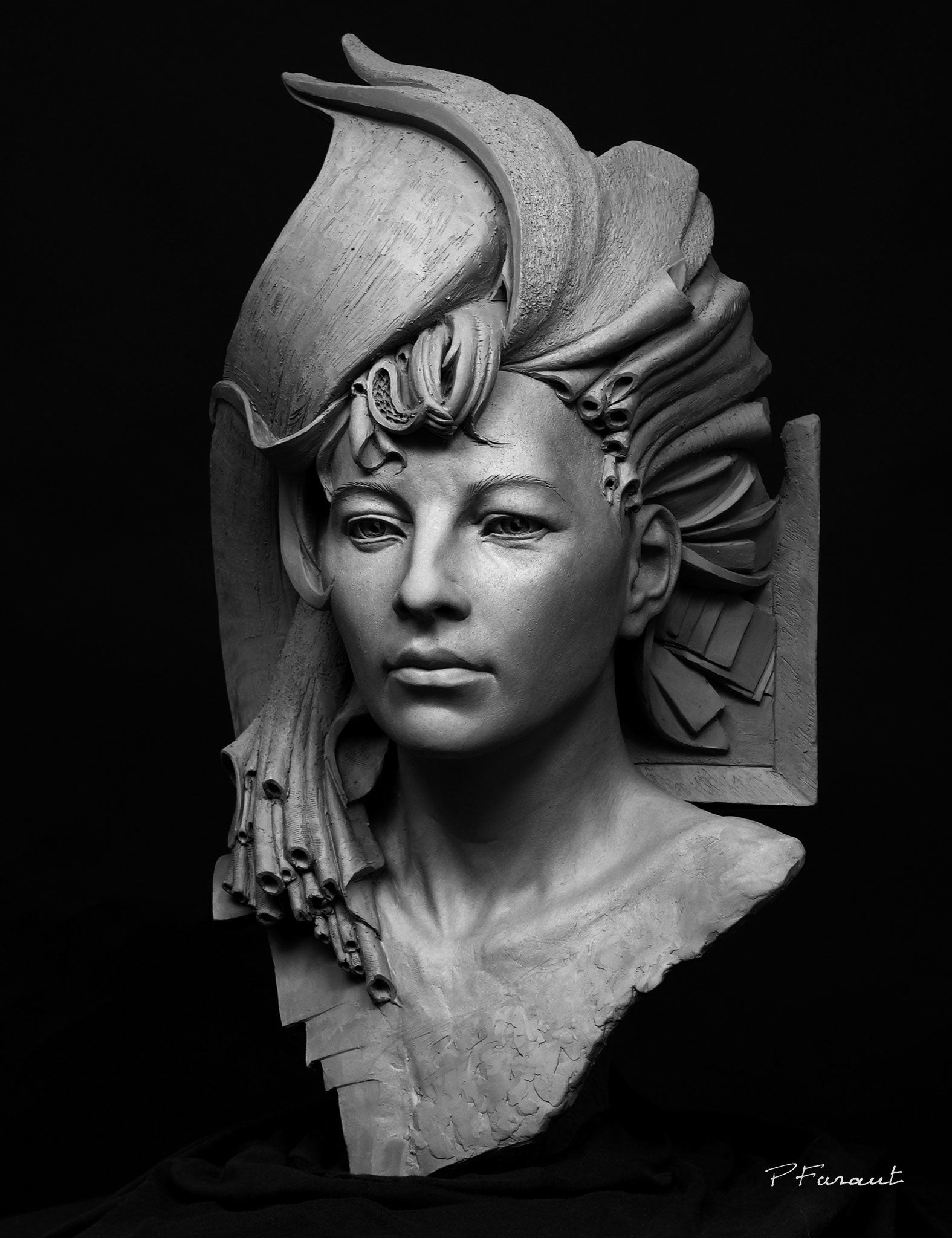 Stylized clay portrait of woman with abstract hair Queen Bee by Philippe Faraut