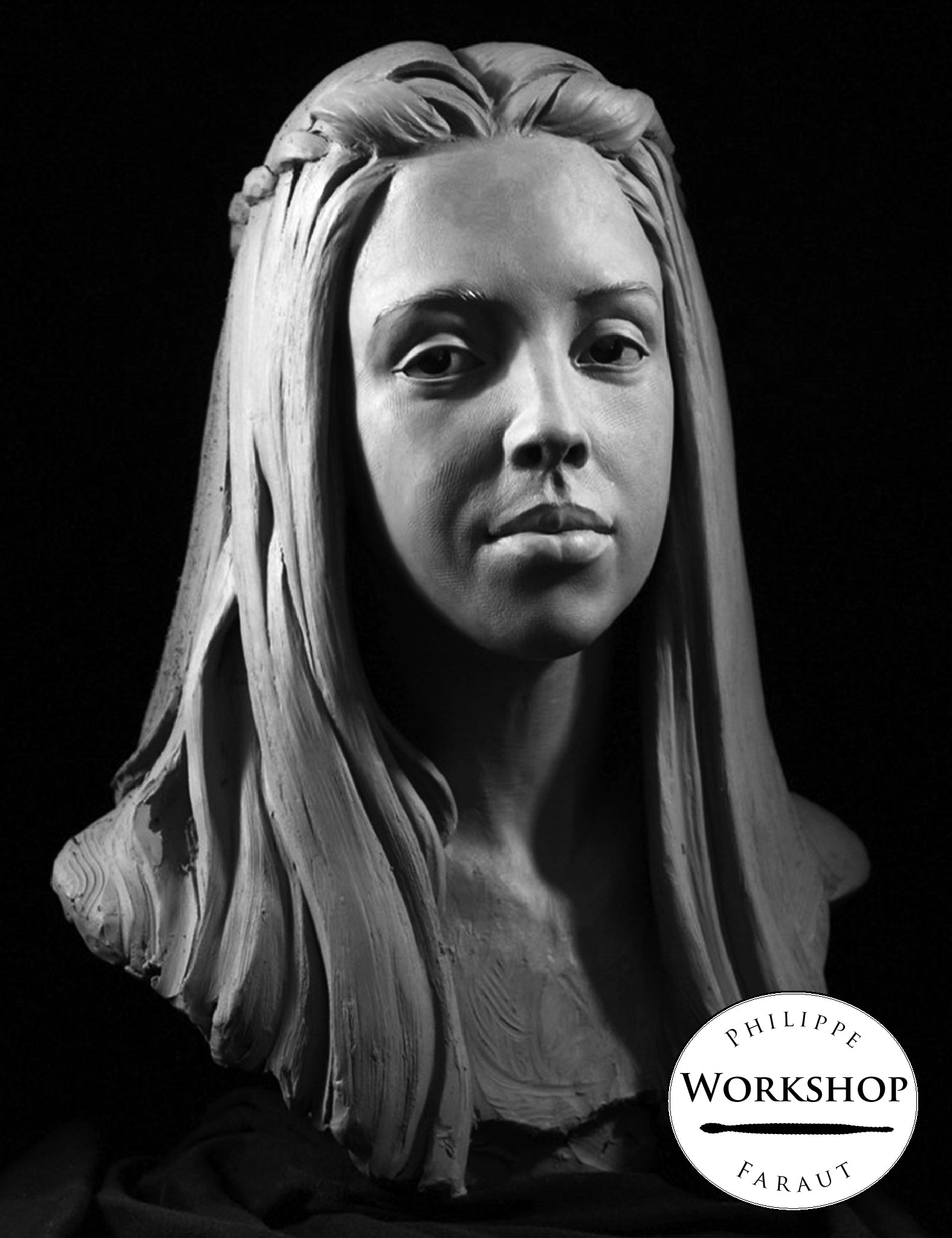 female portrait bust in clay by Philippe Faraut for sculpting workshop