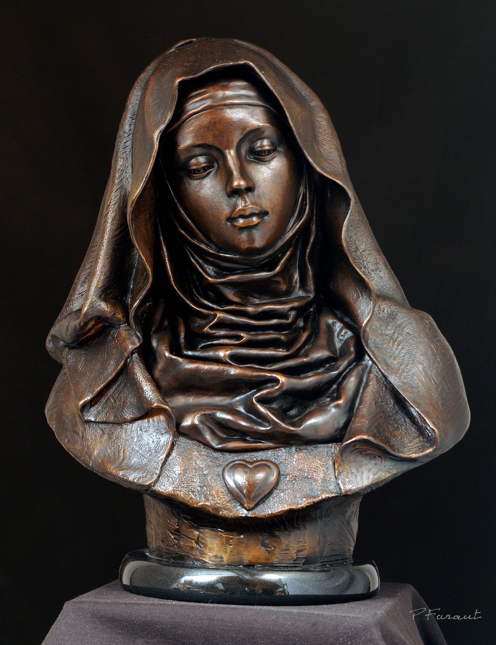 Bronze bust of St. Gertrude in draped veil by Philippe Faraut