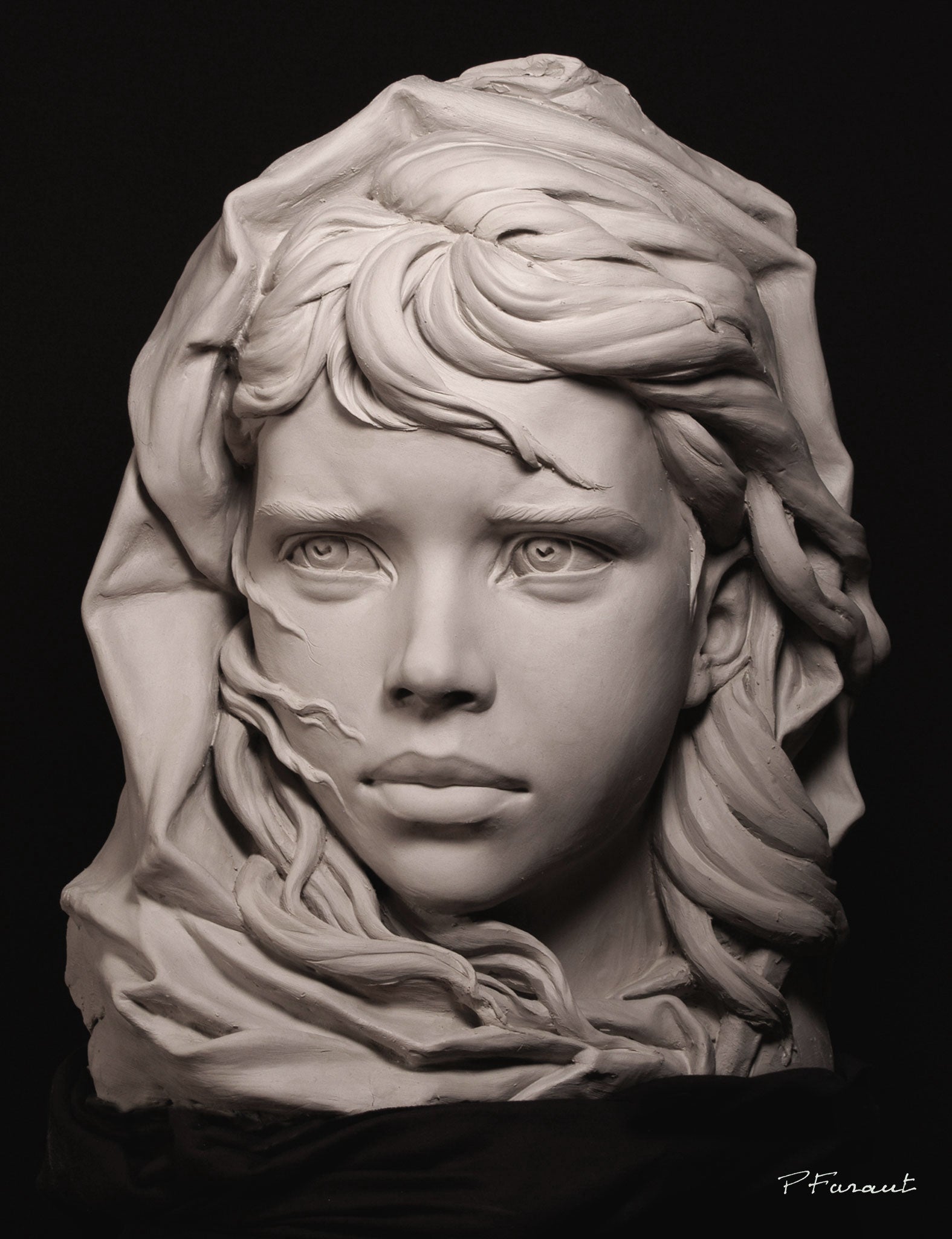 The Fisherman's Daughter girl with hair blowing in the wind clay portrait by Philippe Faraut