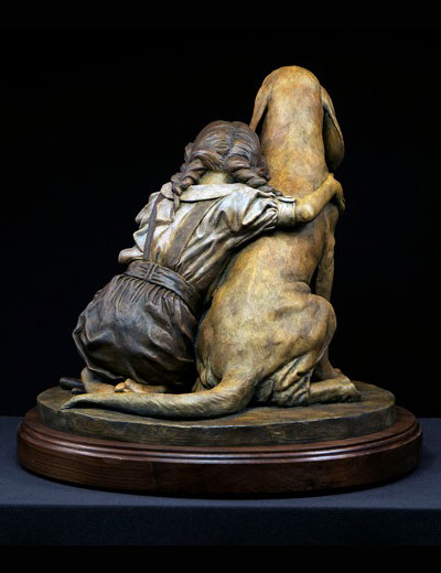 Bronze sculpture of bloodhound dog with little girl by Philippe Faraut
